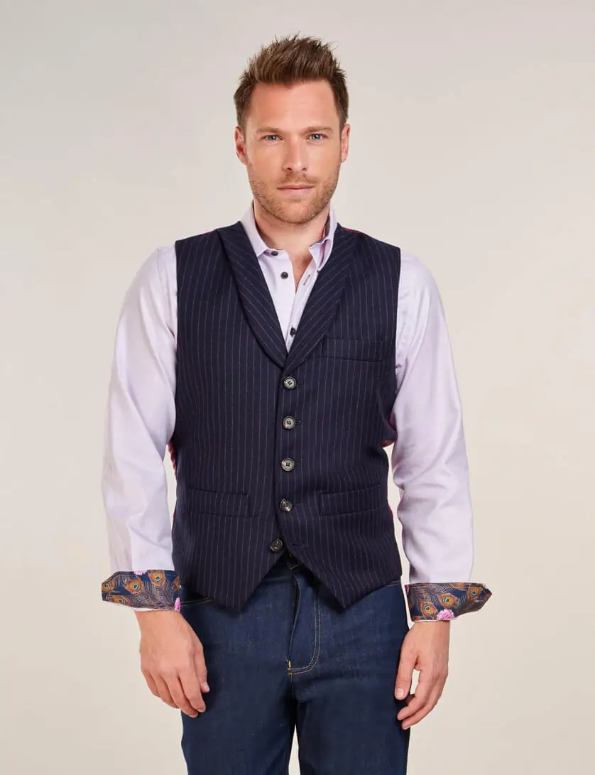 mens navy pinstripe wool waistcoat with barnham pink shirt