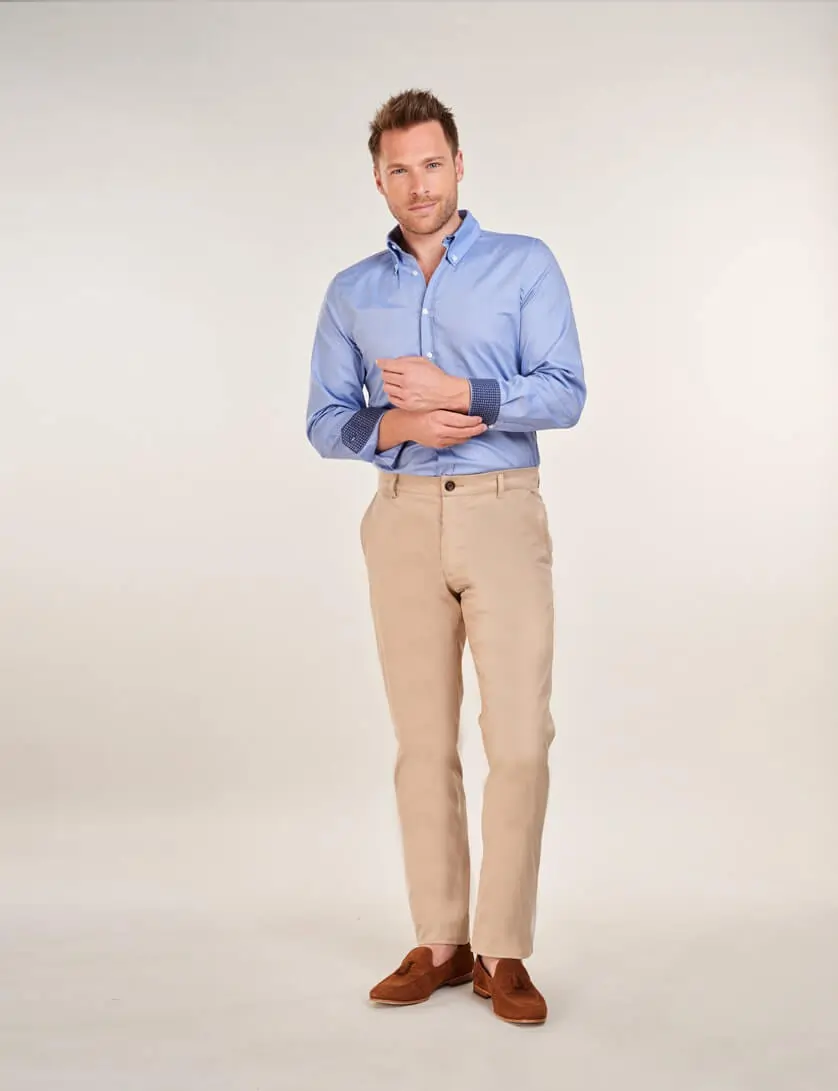 beige chinos with blue oxford shirt