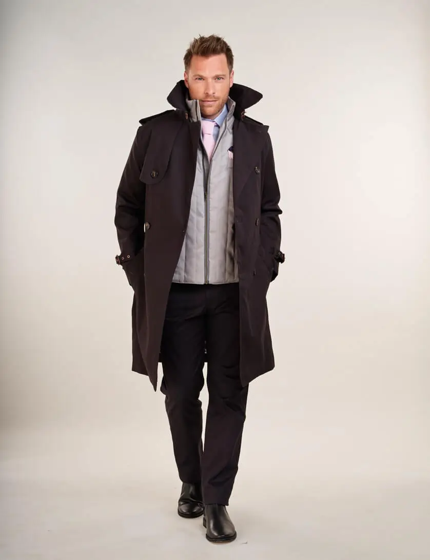 black chinos with grey shirt, grey gilet and black trench coat