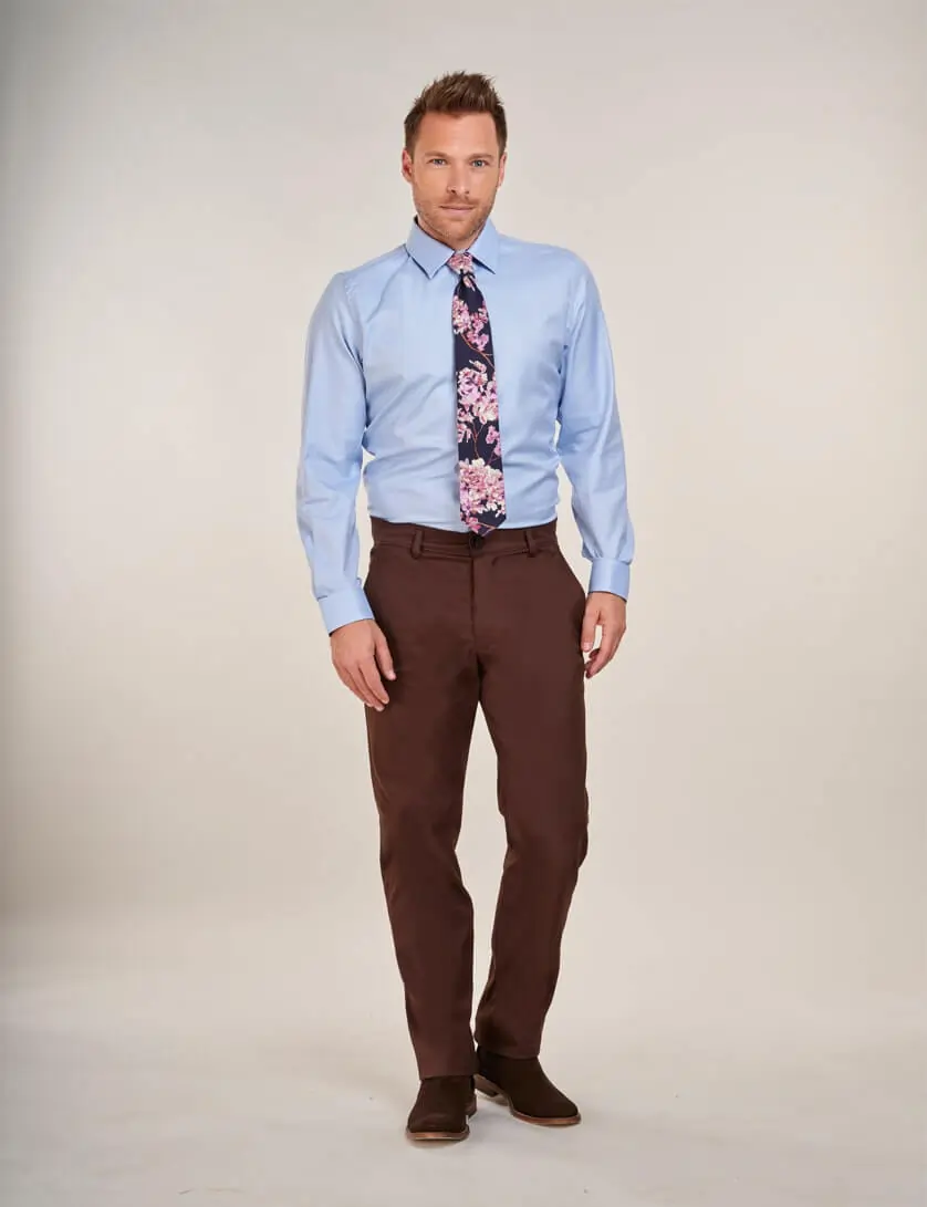 brown chinos with blue shirt