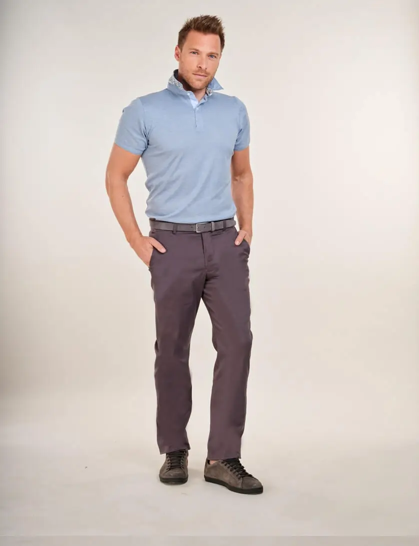 grey chinos with light blue polo shirt