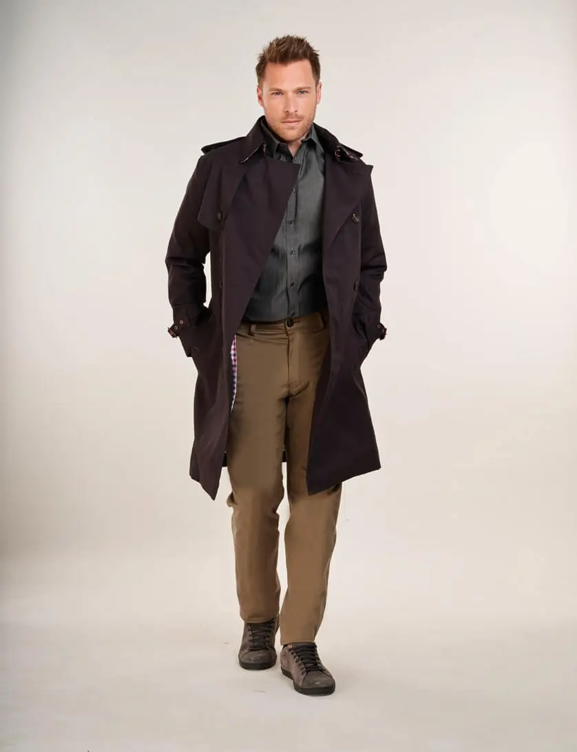 lovat chinos with black trench coat and denim shirt