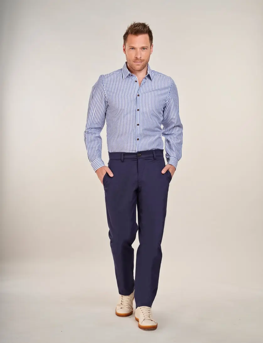 striped navy linen shirt with French navy chinos